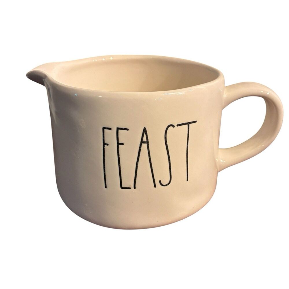 Rae Dunn Artisan Collection Magenta White Gravy Boat With FEAST on It.